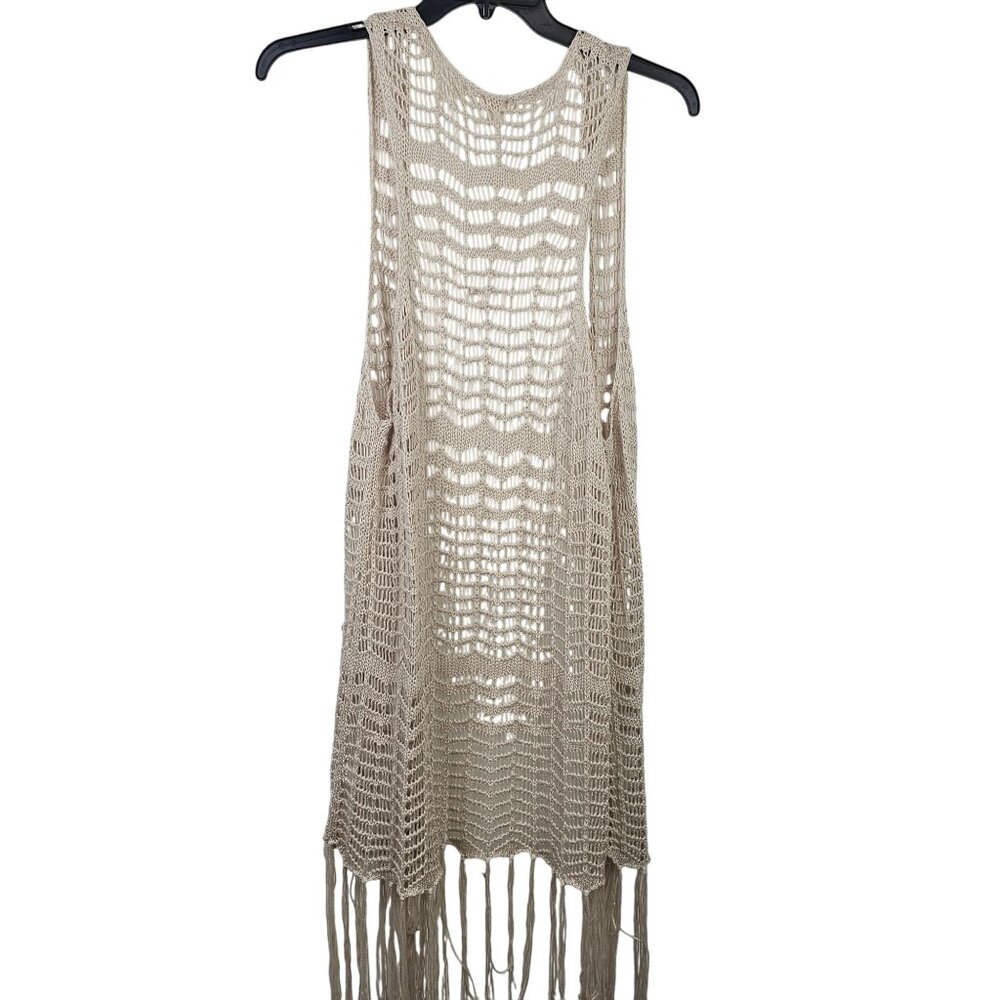Boho Fringe Crochet Eyelet Lace Beige Longline Festival Hippy Fairy Cardigan XXL - Picture 3 of 10